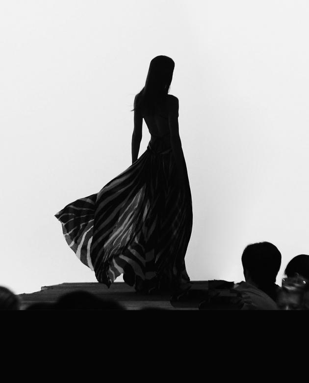 Silhouette of a fashion model on a runway with large audience